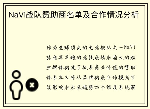 NaVi战队赞助商名单及合作情况分析