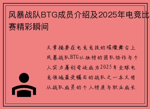 风暴战队BTG成员介绍及2025年电竞比赛精彩瞬间